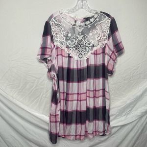 Torrid Pink Plaid Crinkle Gauze Crochet Detail Top Size 3